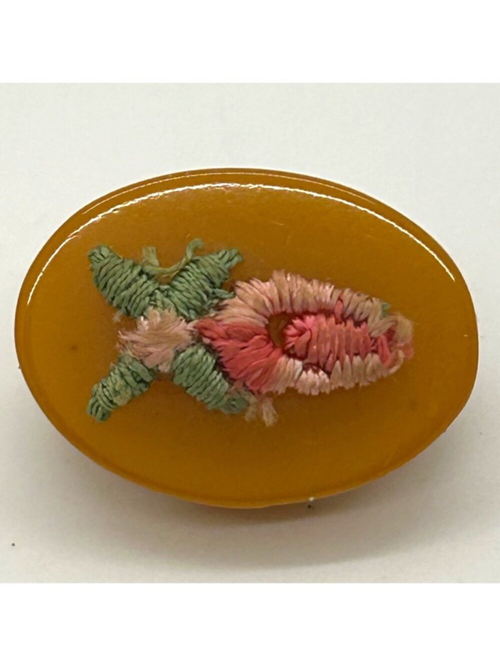 Bakelite Clip-On Earrings  Butterscotch Pink & Green Embroidered Floral Vintage - Picture 8 of 15
